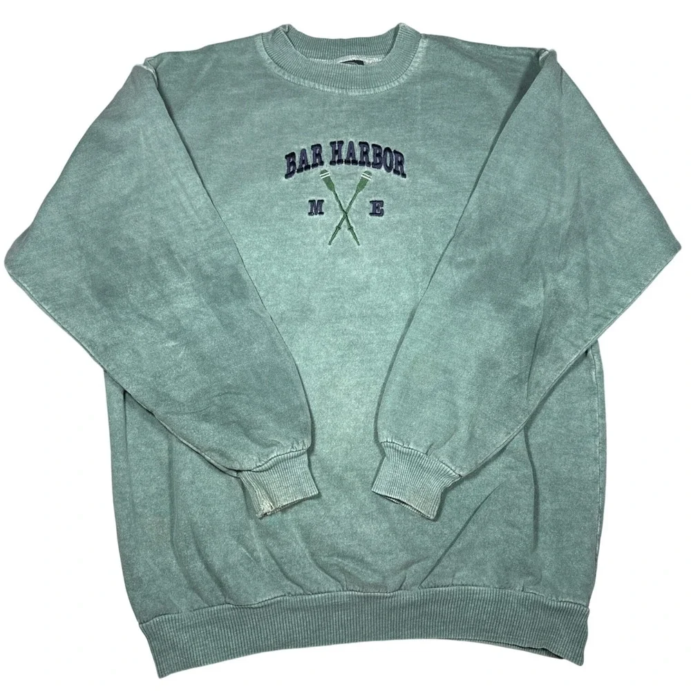 Vintage 90s Bar Harbor Maine Sweatshirt Teal Green Acid Wash Made in USA